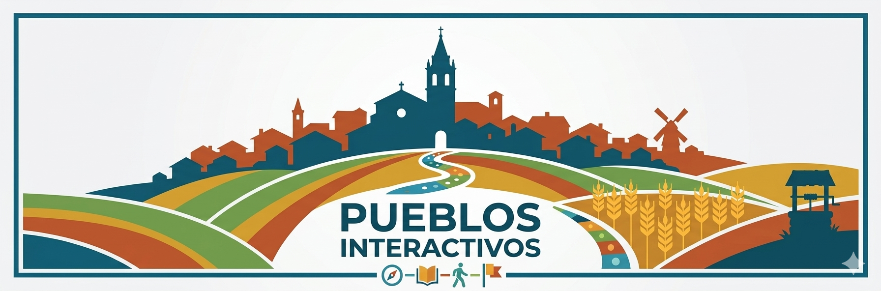 Silueta de Tabanera de Cerrato con iglesia, campos de cereal, molino y camino rural — Pueblos Interactivos turismo gamificado